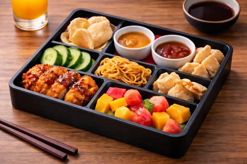 The Kids Bento Box, with katsu chicken bites, crackers, cucumber, noodles, dipping sauces and fresh fruit in separate compartments