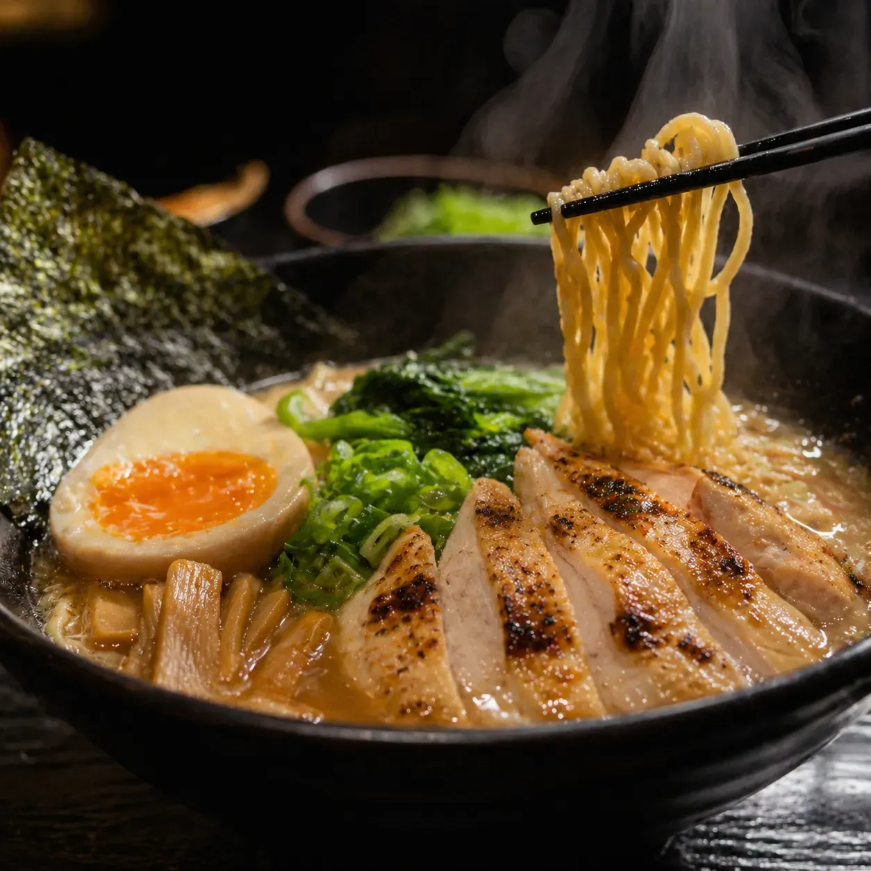 A bowl of chicken ramen with steam rising