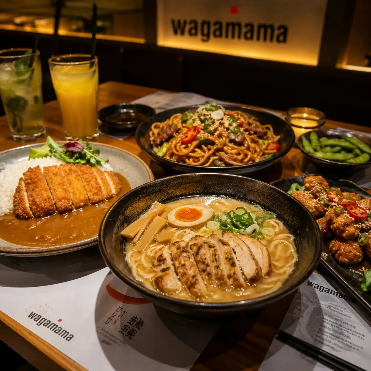 A table spread of ramen, katsu curry and teppanyaki noodle dishes