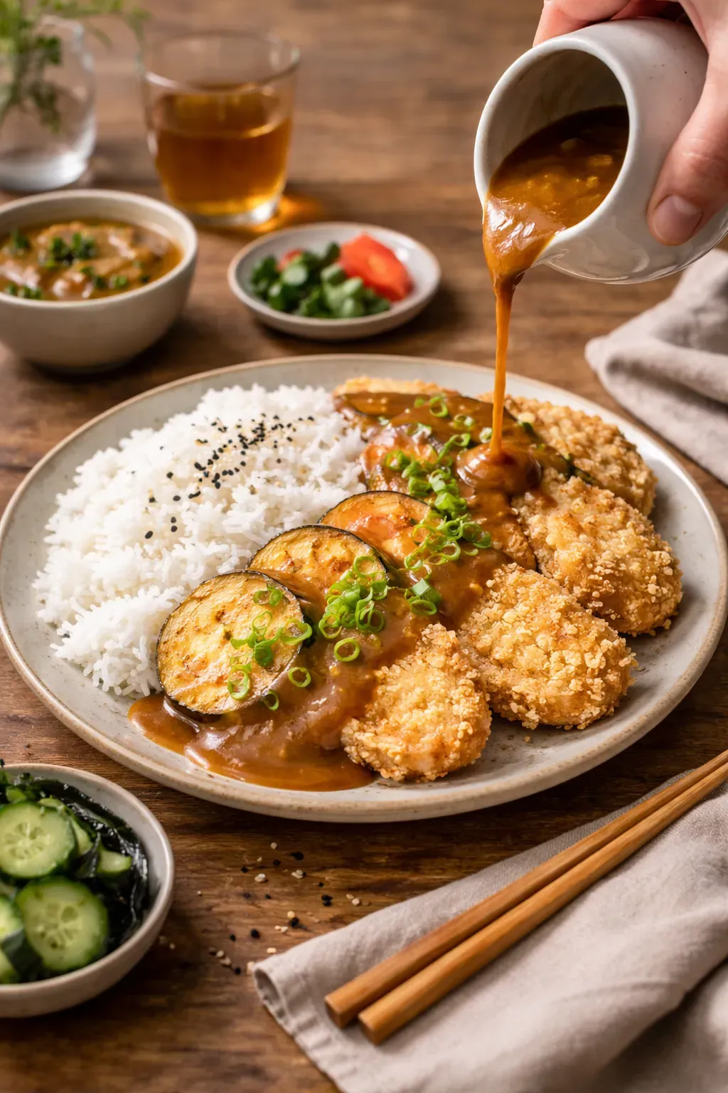 Yasai katsu curry served with miso soup